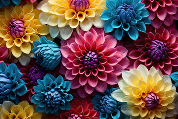 close up of a cluster of different colored dahlia flowers. dahlia flowers pattern wallpaper backdrop - obrazy, fototapety, plakaty