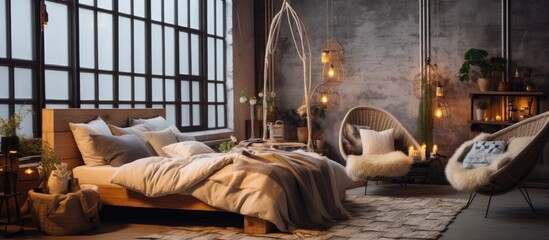 Scandinavian-style loft with a hanging bed, cozy folded plaid, giant knit blanket, trendy room design.