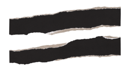 Set of torn and ripped paper stripes, lines with double edges from black paper in Y2K retro style, png isolated pieces on transparent background for text banner, mockups, textures, frame decoration
