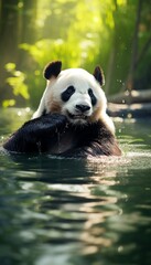 A Giant panda isolated in a clear stream, dipping its paws into the water, creating ripples of...