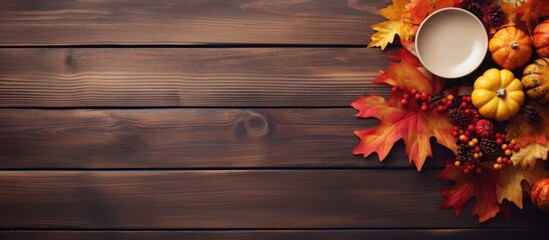 Thanksgiving place setting with cutlery on autumn background and wooden table.