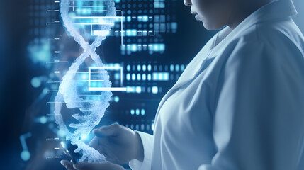 Medicine womsan doctor touching digital medical record tablet with DNA. AR of healthcare and network connection on hologram modern Ui for medical technology and network concept. generative ai.