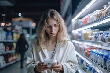 Female buyer looking at the expiration date on the package