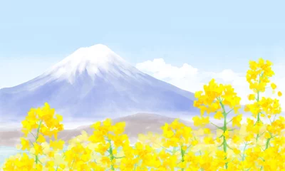 Afwasbaar Fotobehang Geel 富士山と菜の花の水彩風景イラスト