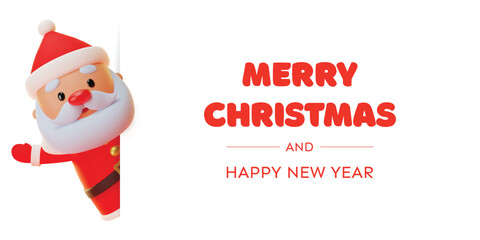 Cute Merry Christmas and Happy New Year greeting card. 3d winter holiday illustration of a funny Santa Claus holding a big signboard. Vector 10 EPS.