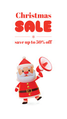 Christmas sale banner with a cartoon Santa Claus. 3d winter holiday illustration of a funny Santa Claus holding a megaphone on a white background. Vector 10 EPS.