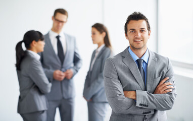 Team leader, arms crossed and professional portrait man, lawyer or management for legal pride, law firm collaboration or career. Business meeting, justice and corporate attorney for government work