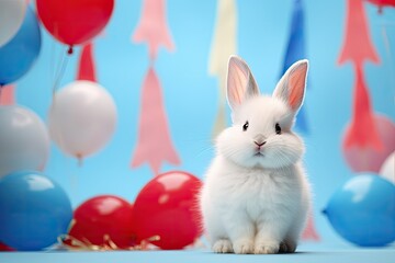 Cute, adorable, small, white, fluffy bunny and balloons red, blue.