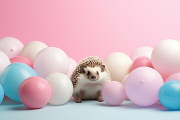 Cute, small, lively, cheerful hedgehog and balloons
