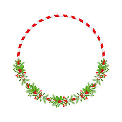 Christmas round floral wreath frame. Traditional winter garland icon