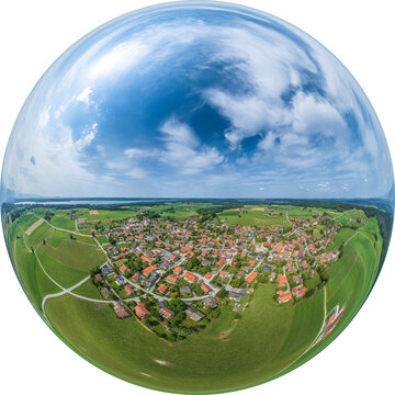 Die Gemeinde Münsing in Oberbayern westlich von Wolfratshausen, Little Planet-Ansicht, freigestellt