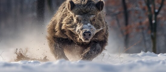 Fototapeta premium Snow-covered wild boar sprinting.