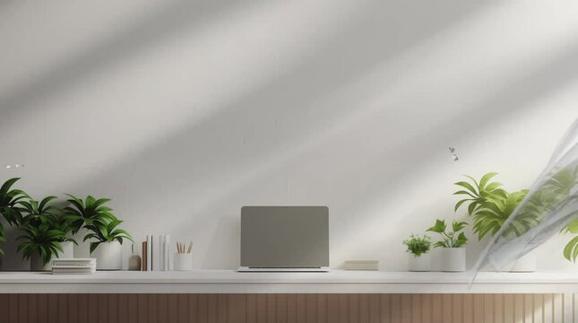 Minimalist home office featuring a white desk and plants, seamless looping 4K video animation background	