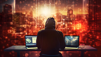 Ransomware cyber security concept, double exposure of man working on laptop computer and cityscape with technology code background of cyber security icons and internet network, malware. generative ai.