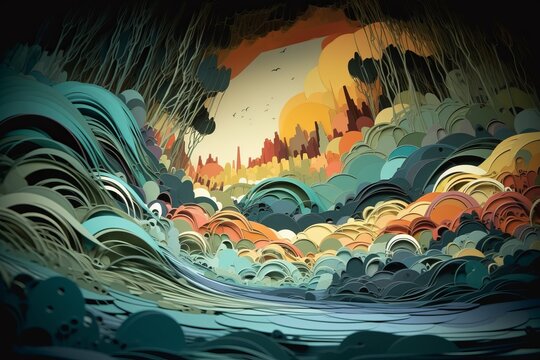 in the style of multidimentional layered paper cut interior of a cave with river , generated by AI