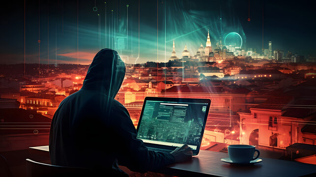 Ransomware cyber security concept, double exposure of man working on laptop computer and cityscape with technology code background of cyber security icons and internet network, malware. generative ai.
