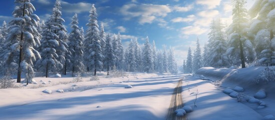 The snow-covered road winds through a pine forest, showing signs of use. The weather is freezing.
