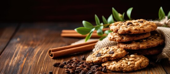 Oatmeal cookies with seeds on a wooden table.