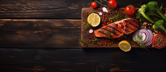 Top view of wooden table with grilled salmon steak and vegetables.