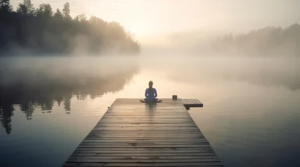  A young woman meditating on a wooden dock by a serene lake. © bird_saranyoo