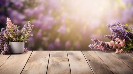 Fotobehang Empty rustic lavender cherry blossom lilac restaurant wooden table space platform with defocused blurry interior sunny weather autumn summer spring warm cozy house cottage core garden blooming sakura  © Alina Nikitaeva