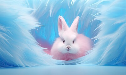 Easter Bunny Peek. Pink and White Rabbit Poking Out of a Hole, Happy Easter Day Concept.