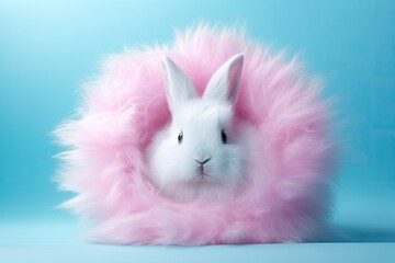 Easter Bunny Peek. White Rabbit Poking Out of a Pink  Hole, Happy Easter Day Concept.