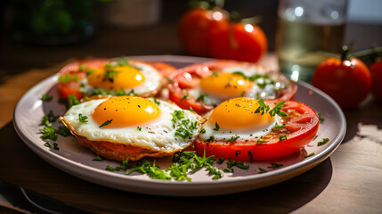 Breakfast with fried eggs and tomatoes