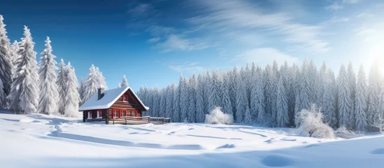 Fotobehang Winter scene of a charming log cabin surrounded by tall trees © 2rogan