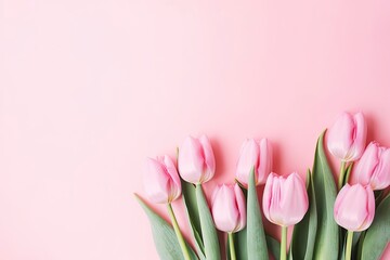 Spring Bloom Delight. Pink Tulips Bouquet on Pastel Pink Background. Valentine's Day, Easter, Birthday, Happy Women's Day, Mother's Day. Flat lay, top view, copy space