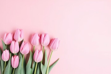 Spring Bloom Delight. Pink Tulips Bouquet on Pastel Pink Background. Valentine's Day, Easter, Birthday, Happy Women's Day, Mother's Day. Flat lay, top view, copy space