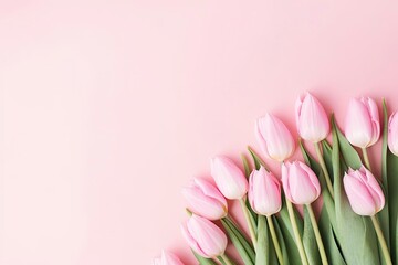 Spring Bloom Delight. Pink Tulips Bouquet on Pastel Pink Background. Valentine's Day, Easter, Birthday, Happy Women's Day, Mother's Day. Flat lay, top view, copy space