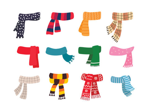 Set of scarves for boys and girls in cold weather. Stylish scarves on white background. Clothes for winter and autumn. Blue, red, green, yellow, brown, white and striped scarves.