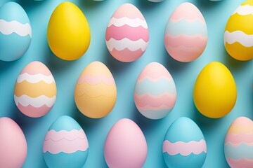 Fototapeta na wymiar Easter Egg Array. Vibrant Eggs Arranged Around Blue Background.