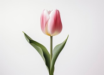 Single pink and white tulip flower on a white background.