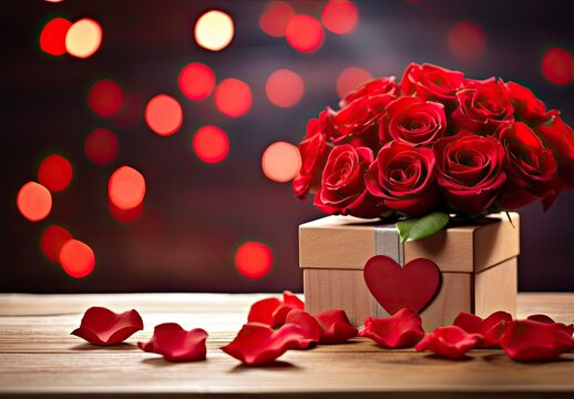 Red Rose and Gift Box on Wooden Table for Happy Valentine’s Day