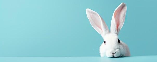 Easter Elegance. White Rabbit Ear on Pastel Blue Background, Happy Easter Day.