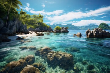 Tropical beach with white sand and clear turquoise ocean. Generative AI Art. Beautiful view.