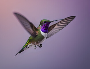 fliegender Kolibri vor lila Hintergrund