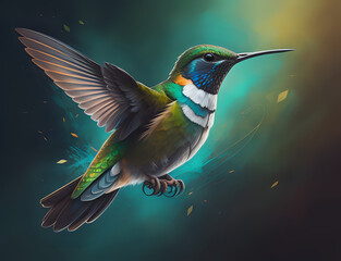 fliegender Kolibri mit blau weißem Hals - obrazy, fototapety, plakaty