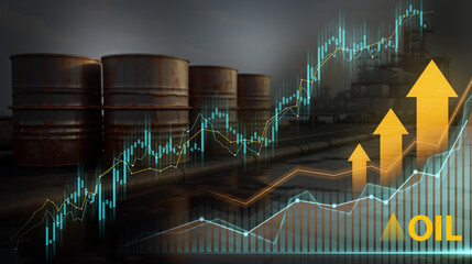 Oil storage tanks with financial charts, symbolizing market dynamics in the oil sector - obrazy, fototapety, plakaty