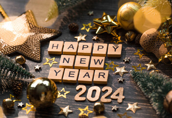 A postcard or banner. A symbol from the number 2024 with golden balls, stars, sequins and a...