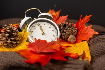 alarm clock and autumn leaves