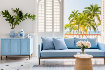 A blue couch and hardwood table surrounded by plants in the living room area.