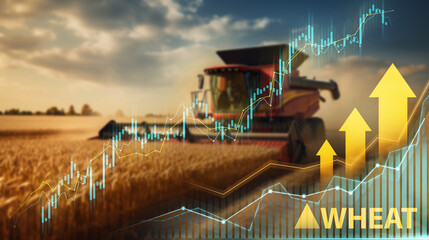 Harvesting machinery in a golden wheat field with stock market growth charts and arrows