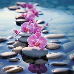 Fototapeta na wymiar Harmony of Elements: Water, Stones, and Purple Orchids - A Feng Shui and Zen Meditation Concept, Zen Serenity: Stacked Stones and Purple Orchids - A Feng Shui Harmony Pillar