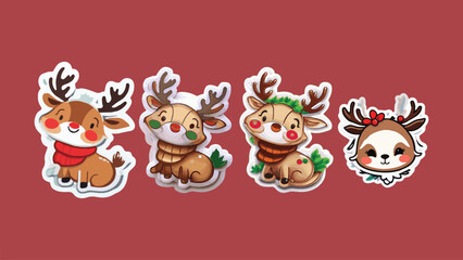 Set of 4 Rein Deer vector Stickers, christmas rein deer illustrations, christmas stickers