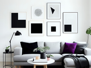 6 Bilder an einer Wand über einem Sofa