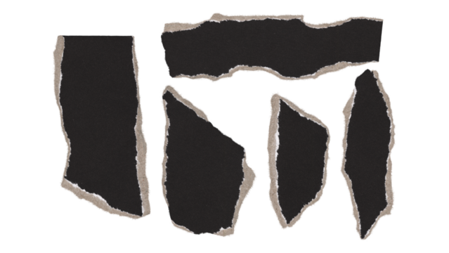 Set of torn and ripped paper pieces, fragments with double edges from black paper in Y2K retro style, png isolated pieces on transparent background for text banner, mockups, textures, frame decoration