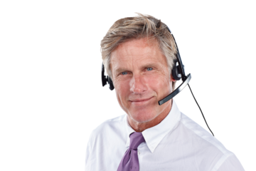 Businessman, portrait and headset for phone call at telemarketing office or customer service, advice or isolated on transparent png background. Male person, face and sales talk, consulting or help
